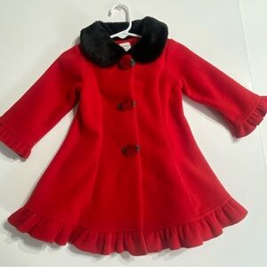 Starting Out Girls 18M Flannel Coat Red w/ Black Faux Fur Collar Roses Black Bow